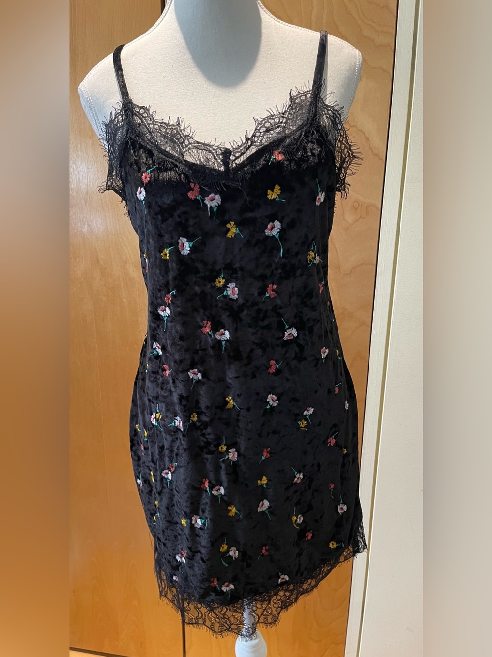 Black velvet mini dress with floral embroidery size 8